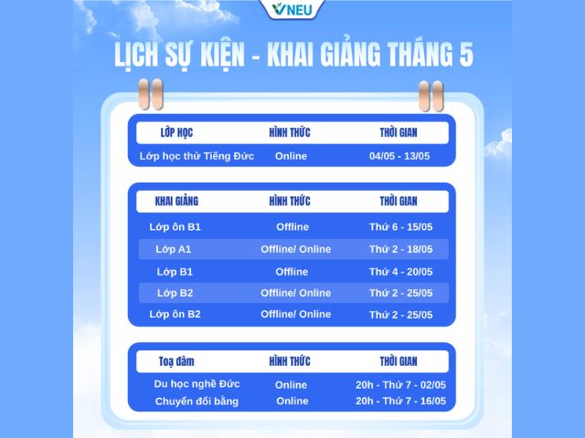 [TỔNG HỢP] LỊCH SỰ KIỆN VÀ KHAI GIẢNG TIẾNG ĐỨC THÁNG 05/2026 TẠI VNEU